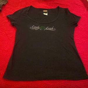 Women’s black cotton HD Harley Davidson medium St. Patty’s day Lady Luck shirt
